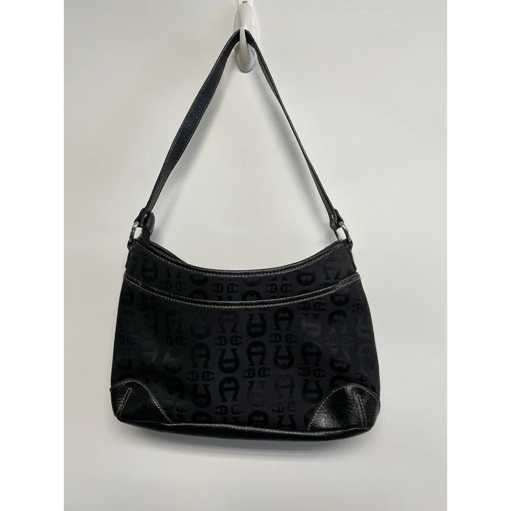 Aigner Black Logo Canvas Leather Trim Strap Shoulder Handbag Retro‎ Classic